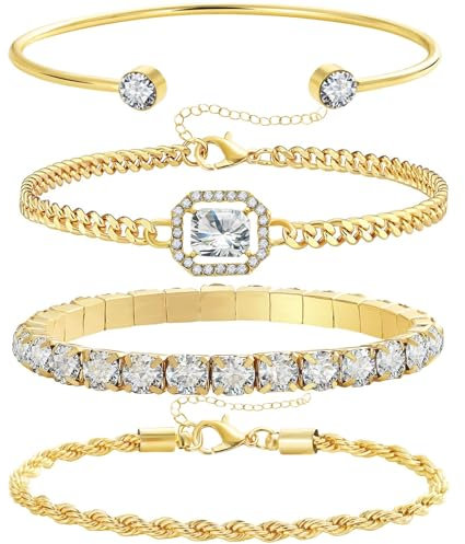 EKKONG Gold Armband Damen, 4 Stück Verstellbare Bracelet Diamant Armbänder Mode Armkette Damenarmband Glitzer Schmuck Set für Damen Frauen Mädchen Geburtstag, Jahrestag, Valentinstag