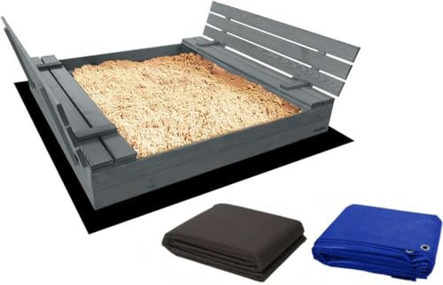 bac à Sable Enfant en Bois fermé de 120 x 120 cm avec bancs-bac a Sable avec Couvercle- Bois de pin imprégné-Gris - INCL.1 bâche de Protection 1 bâche Isolante