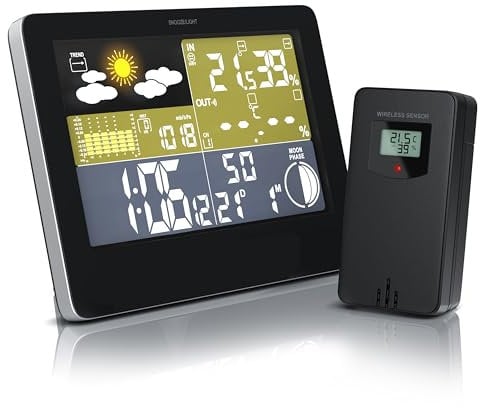 CSL - Wetterstation mit Farbdisplay inkl. Außensensor Funk - DCF Empfangssignal Funkuhr - Innen und Außentemperatur Wettervorhersage Piktogramm UVM - LCD-Display