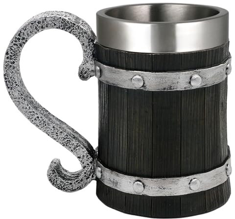Viking Beer Mug Gifts for Men - 21oz Nordic Wooden Barrel Beer Tankard Cup Viking Norse Decor Stainless Steel Cool Coffee Mug for Men Medieval Beer Cup Stein