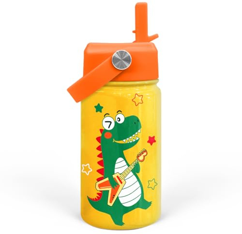SANDJEST Dinosaurs Water Bottle - Dino Kids Water Bottle with Straw Lid - 12 Oz Insulated Stainless Steel Water Bottles for Kid Boys - Travel Cup for School Sports