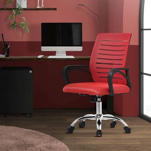 ML-Design Chaise de Bureau Ergonomique, Rouge, Réglable en Hauteur avec Accoudoirs, Fauteuil en Tissu Filet Respirant, Fonction Bascule, Pivotante à 360° avec roulettes, Chaise d'Ordinateur, Gaming