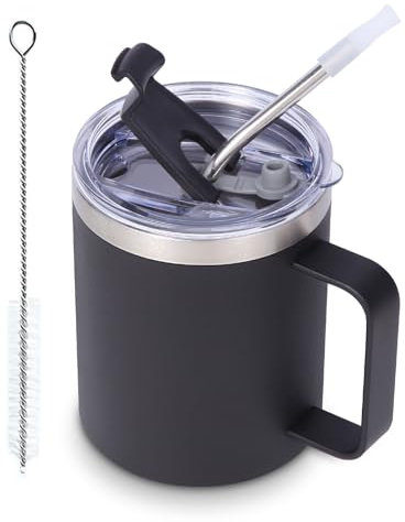 Volhoply 12oz isolierte auslaufsichere Kaffeetasse mit Schiebe & Strohhalmdeckel,Doppelwandige 350ml Edelstahl Reise Becher Tasse mit Griff,Wiederverwendbare Camping Becher(Schwarz,1