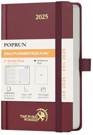 POPRUN Kalender 2025 Tagesplaner Hardcover 16 x 10,5 cm, Tageskalender A6 1 Tag 1 Seite (Montag - Sonntag), Terminplaner (Jan.2025-Dez.2025) mit Stiftschlaufe - Burgund