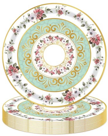 TOPWAYS Afternoon Tea Disposable Paper Party Plates, Floral Paper Disposable Plates for for Afternoon Tea Garden Party Decorations Birthday Baby Shower Wedding Anniversary (Plates 9inch 24pcs)