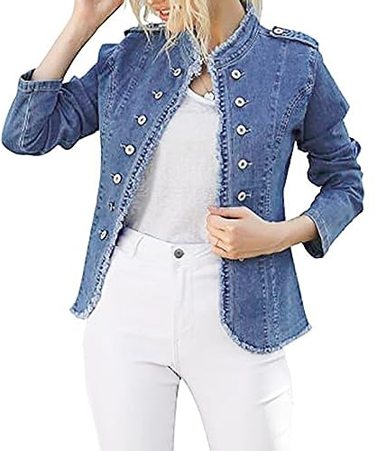 Blazer en jean pour femme - Bleu - Veste en jean stretch pour femme - Doux et court - Vestes mi-saison cintrées - Double boutonnage - Col montant - Blazer en jean élégant - Blazer court - Manteau