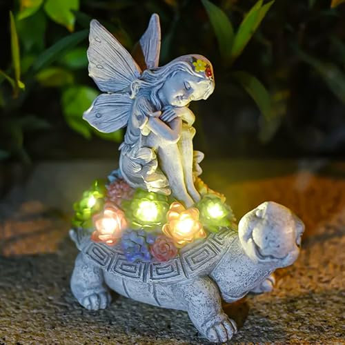 Syfunlv Solar Gartenfiguren Schildkröte, Engelfee Statue Deko für draußen, mit Sukkulenten und 7 LED Leuchten, LED Fairy Engel Figur, Grablichter, Harzskulptur, Braun