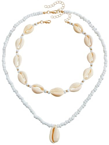 Generisch 2 Stück Muschelkette, Muschelkette Damen, Muschelschmuck, Damen Natural Shell Choker Halsketten Armband Schmuck Set Boho Muschelkette, Muschel Kette, Natural Shell Choker Halskette