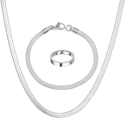 Kette Herren Schlange Silber Halskette Silber Herren Edelstahl Armband Ringe Kette aus Edelstahl Männerschmuck Set Silber Kette Halskette Armband Vintage Ring Schmuck Geschenke für Männer Teen
