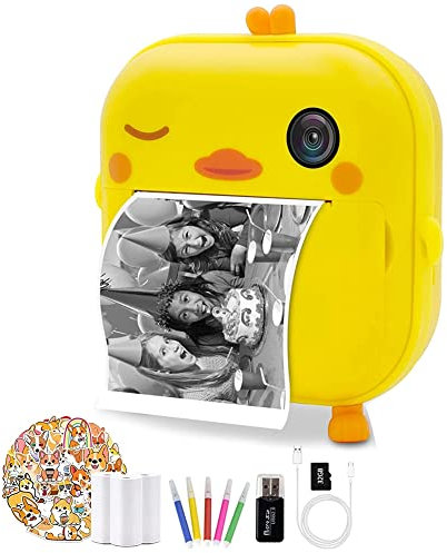 Tacell Sofortbildkamera für Kinder,Tintenfreie Kinderkamera mit Druckpapier,Selfie-Video-Digitalkamera mit HD 1080P, Gelb
