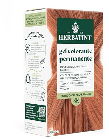 Herbatint Permanente Haarfarbe Gel 8R Hellblond Kupfer - 170 ml | Ammoniakfrei, 100% Abdeckung für weißes Haar | für empfindliche Haut, mit 8 natürlichen Bio-Extrakten