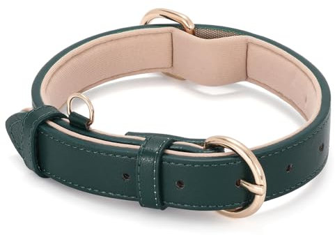 WHIPPY Leather Dog Collar for Small Medium Large Dog Soft Breathable Adjustable Leather Padded Puppy Collar Heavy Duty Waterproof Dog Pet Collar Metal Buckle, Green 18.90 Inches