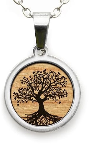 treeforce Edelstahl Halskette in Gold und Silber mit Holzemblem in schwarzem Geschenksetui, unisex (Baum des Lebens, Silber)