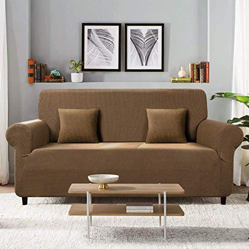 Wasserdichter elastischer Sofabezug für Ledersofa, weiche und bequeme Stoffe, L-förmiges Design, Komplettpaket, helle Kaffeefarbe, geeignet für 4-Sitzer-Sofas (230 x 300 cm)