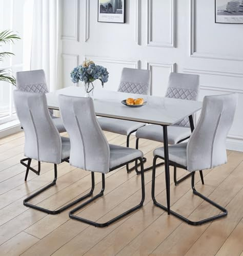 Hallowood Furniture Cullompton 6 Seater Dining Table And Chairs, White/Grey | White Marble Effect Top Kitchen Table and Light Grey Dining Chairs with Diamond Quilted Back, Modern Dinner Sets for 6 People