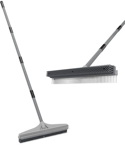 Walensee Carpet Rake for Pet Hair Removal, 2-in-1 Rubber Broom & Carpet Brush with Adjustable Long Handle, Pet Hair Remover for Carpet, Rug, Stairs, Mats & Hard Floor, Reusable Fur Cleaning Tool