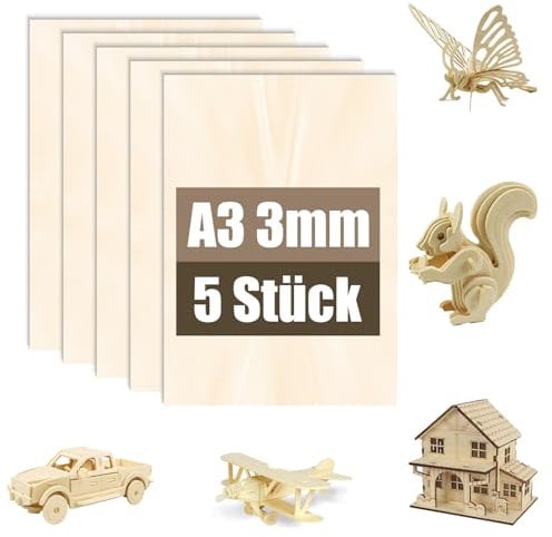 5 Stück A3 Sperrholzplatte 3mm | Linde Sperrholz für Modellbau, Laserschnitt, Gravur, Holzplatten zum Basteln, Laser Holz für DIY (5, A3(420 * 297 * 3mm))