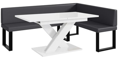 MEBLINI Eckbank für Esszimmer mit ausziehbarem Tisch - Küchenbank - Essecke - Sitzecke Küche - Toni - U-Beine 142x196x87cm Rechts - Grau Kunstleder/B Weiß Hochgl.