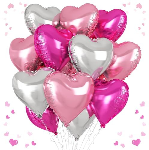 Rose Red Silver Heart Balloons, 18 Inch Light Pink and Silver Heart Shaped Balloon, 12PCS Hot Pink Helium Mylar Love Balloons for Birthday Engagement Wedding Valentine Party Decorations