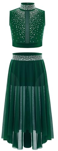 Freebily Klassisk Lyrisk Dans Klänning Flickor Ballettkläder Modern Modern Modern Crop Toppar Midi Kjol Skridskoklänning Latin Dansdräkt, Grön, 9-10 år