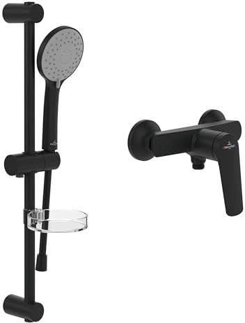 Villeroy & Boch Oasis Duschset Aufputz (2 in 1 Bundle), Duschsystem mit Duscharmatur, Handbrause, Handbrauseschlauch, Duschstange inkl. Handbrausehalter, Matt Black