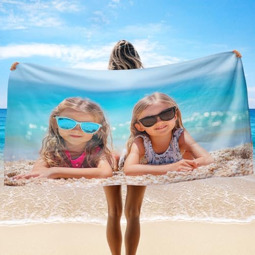 Solutra Personalisiert Strandtuch Badetuch mit Namen, Mikrofaser Handtuch Personalisiert Geschenke, Schnell Trocknendes Leichtes Strandhandtuch für Erwachsene Kinder(1 Foto + Text)