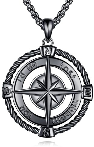 POPLYKE Schwarzer Kompass Halskette 925 Sterling Silber Keltische Halskette Kompass Schmuck für Herren Damen