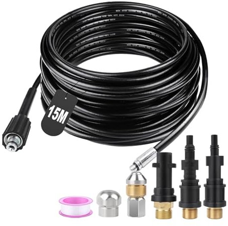 Tubo per la pulizia dei tubi, 15 m, set di pulizia dei tubi, compatibile con Karcher K2 K7, Lavor, Bosch, Parkside idropulitrici ad alta pressione, set di pulizia per tubi e scarichi intasati