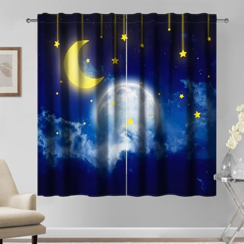 Kzzfqxb 117x138cm Vorhänge mit Stangentasche 2 Paneele, Verträumter Nachthimmel Erde und Mond Sterne Weltraum Lichtfilterung Fenstervorhänge, Romantisches Blau Dekor für Schlafzimmer und Wohnzimmer