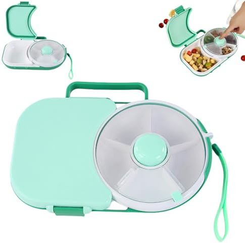 Kinder Snackbox mit Fächern und Deckel, Snackbox mit fächern, Multifunktionale Baby Snack Spinner mit Tragbarem Box Set, Sicher Versiegelter Snackteller für Kleinkinder, Zuhause (Grün)
