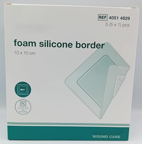 Foam Silicone Border Dressings – Soft Adhesive Pads, Box of 5 (10cm x 10cm)