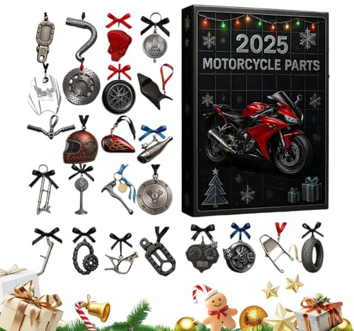 Motorcycle Parts Adventskalender 2025, 24-Tages Weihnachtskalender Mit 2D Acryl Motorradteilen Und Werkzeugen, Christbaumanhänger Für Motorradliebhaber 26 X 18 Cm