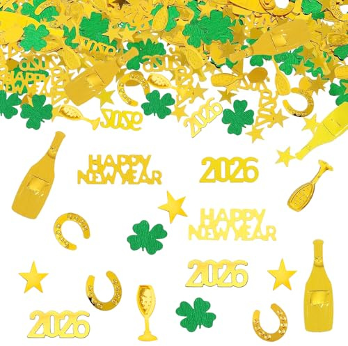 Whimzey 500 Stk Kleeblätter Silvester Deko 2026 Happy New Year Konfetti,Glitzer Streudeko Silvester Tischdeko,Happy New Year Confetti für Neujahrsdeko,Silvesterdeko,Tischdeko Neujahr Party Decorations