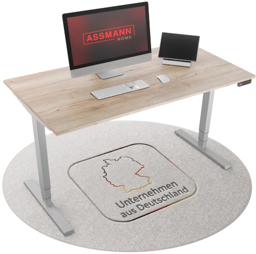 ASSMANN Höhenverstellbarer Schreibtisch elektrisch, 180x80cm, TÜV-geprüft | stufenlos verstellbar mit Aufprallschutz, ergonomischer Schreibtisch Made in Germany - Y-Line, Eiche Polar/Silber