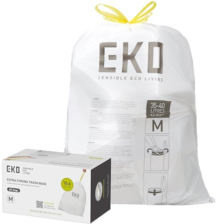 EKO 10.6 Gallon / 35–40 Liter Drawstring Trash Bags, 60 Count Heavy-Duty Tall Kitchen Garbage Can Liners, Extra-Strong Leak-Resistant, Unscented, White, Code M