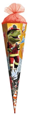 ROTH Schultüte 85 cm groß, Motiv Feuerwehr Dino mit Rot(h)-Spitze, 6-eckig und Tüllverschluss