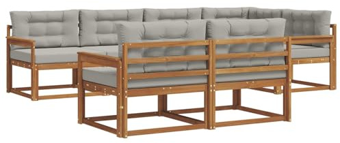 vidaXL Outdoor-Sofagarnitur mit Kissen 7 pcs Natürlich und Hellgrau, Sofa-Set aus Akazienholz, wetterfeste modulare Gartenmöbel, Outdoor Lounge, Flexibles Sectional-Sitzarrangement