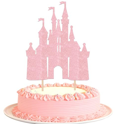 1 Stück Glitzer Schloss Tortendeko Prinzessin Thema Kuchen Deko Schloß Cake Topper für Geburtstag Braut Dusche Hochzeit Party Kuchen Dekorationen Hellrosa