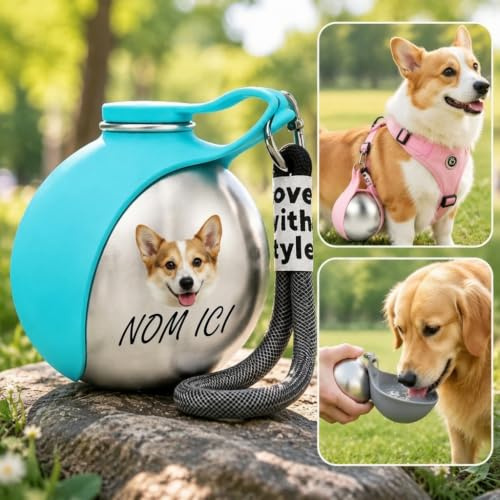 Gourde Chien Promenade Personnalisée avec Photo & Nom | 320ML Bouteille d'Eau Portable avec Bol Pliable en Silicone Gourde Chien Personnalisable pour Randonnée Voyage
