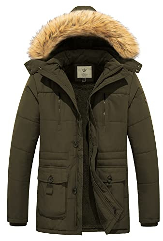 WenVen Winterjacke Herren mit Kapuze Lässig Warme Winddichte Parka | Winddicht, Multitaschen, Softshell, Abnehmbare Fellkapuze, Mittellange ,Robust, Elastische Bündchen, Outdoor, Camping