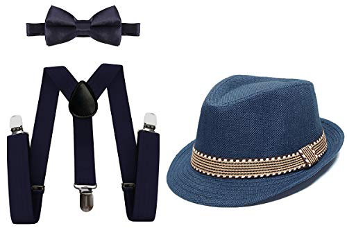 MYRISAM Kids 1920's Themed Party Costume Accessories Set Fedora Gangster Hat Adjustable Suspenders Bow Tie 3pcs Outfit Navy 2-6T