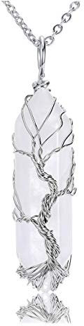 JOVIVI Collar con colgante de cristal de cuarzo transparente de árbol de la vida, envuelto en alambre de plata, piedras preciosas curativas, chakras, collar de cuarzo para mujeres y hombres, Plata