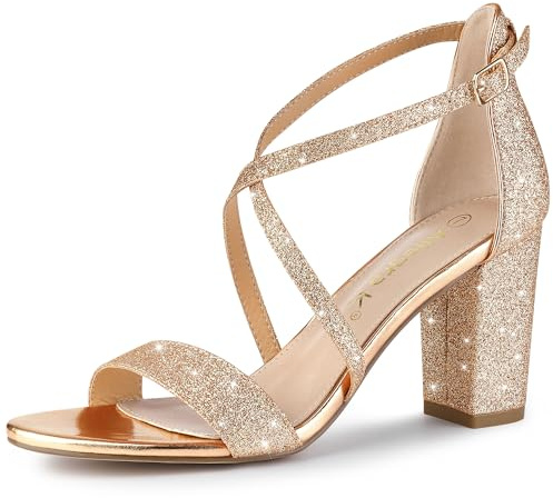 Allegra K Femmes Sandales Talons Blocs Sangles Entrecroisées Scintillantes Rosa Gold 41