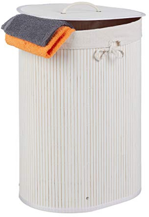 Relaxdays Wäschekorb Bambus, oval, 46 l, faltbar, weiß | Wäschesammler mit Deckel, Bad & Schlafzimmer, HBT: 55x42x32cm