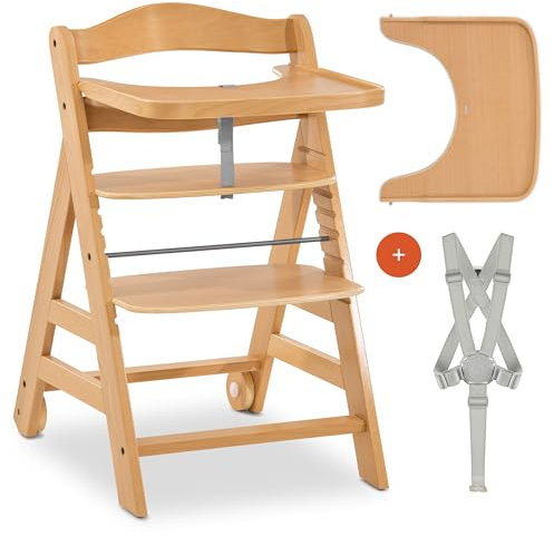 Hauck Alpha Move Seggiolone Pappa in Legno - Sedia Bambini con Cintura, Ruote e Vassoio - Evolutivo Fino a 90 kg - Legno Naturale