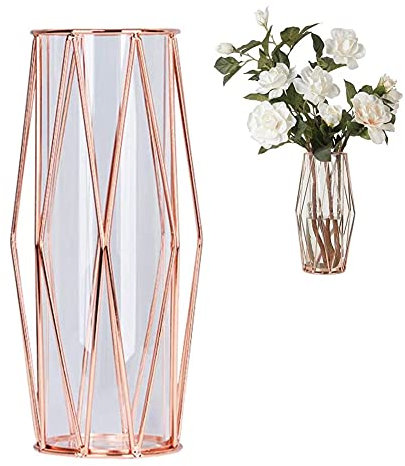 Koomuao Vasi da fiori in vetro, oro rosa/oro, vaso in cristallo con supporto geometrico in metallo, decorazione per la casa, centrotavola di matrimonio, bouquet di fiori idroponici (oro rosa, grande)