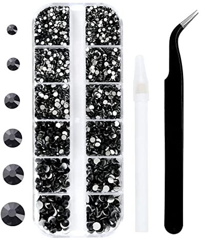 3792 Pcs Black Jet Flatback Rhinestones Set for Nail, Art, Crafts, Makeup, Tumblers Glitter Round with Tweezers and Picking Pen(SS6~SS20)
