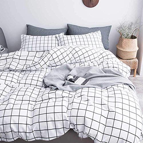 Michorinee Housse de Couette à Carreaux Vichy Blanc 140x200 + Taie d'oreiller 65x65 cm - Parure de Lit Adulte 1 Personne en Microfibre - Linge de Lit Carreaux Imprimé avec Fermeture Éclair