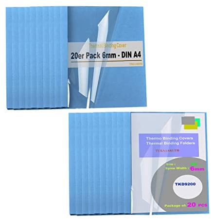 TUKA-i-AKUT [ 20 x A4 6 mm ] termobindningsmappar A4, ryggbredd 6 mm, 20 stycken termobindningsmaskiner, bindningsmaskiner, bindningsenheter, bindningsbaksida | 20-pack i blått, TKD9200 Blue A4-20x