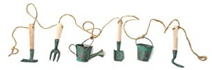 Potty Feet Decorative Handmade Garden Tool Garland - Verdi Gris, Made from recycled metals and sustainable wood. Ideal for decorating a shed, workshop, garage for Dad or Grandad.